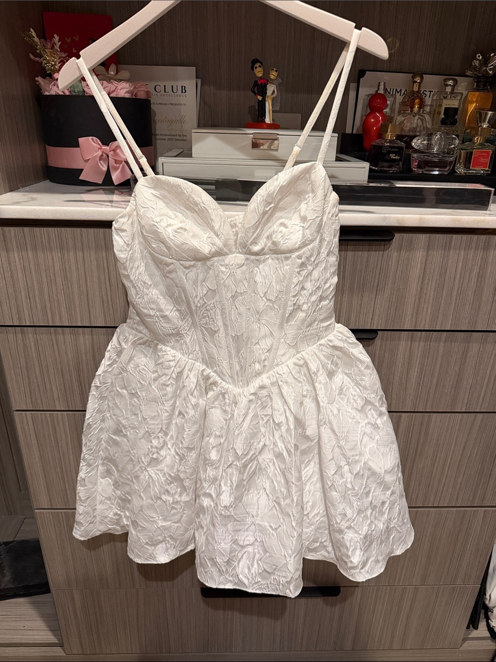B Darlin White Textured Mini Dress with Spaghetti Straps
